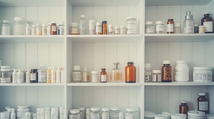 Fototapeta premium Empty medicine cabinet shelves reveal a life free from dependency, symbolizing health and self-reliance. Emptiness as a sign of wellness and proactive lifestyle choices.