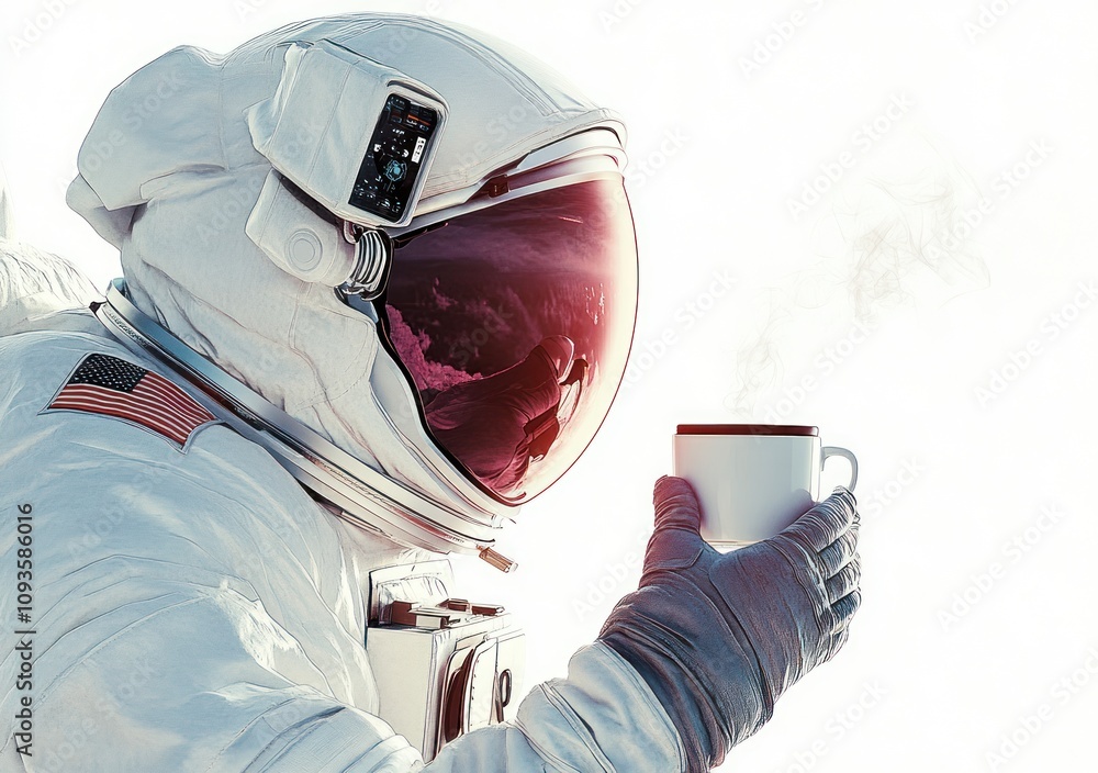 Poster an astronaut enjoying a steaming cup of coffee in space, showcasing a blend of leisure and explorati