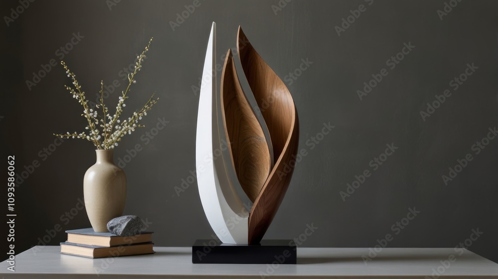 Poster here's a and keyword list for your image.. abstract wooden and white sculpture on a table with vase 