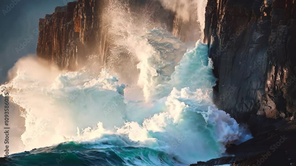 Poster powerful waves crash against rugged cliffs at sunset, creating a mesmerizing display of natures forc