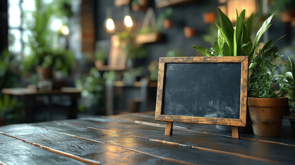 blank black chalkboard mockup in table tent on glass light blur office background, empty poster, advertisement template, menu in cafe, sign, copy space, place for text