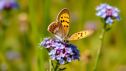 Polyommatus butterfly mating on a yarrow flowers in the field