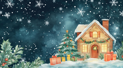 Naklejka premium Christmas tree and house, Merry Christmas, flat illustration, hand drawn style, perfect Christmas wallpaper