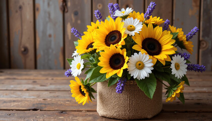 Sunflower and daisy bouquet with lavender in burlap vase on wooden table