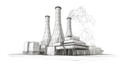 Wireframe rendering of a power plant with smoke.