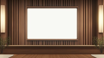 Blank frame on wooden wall with plants.