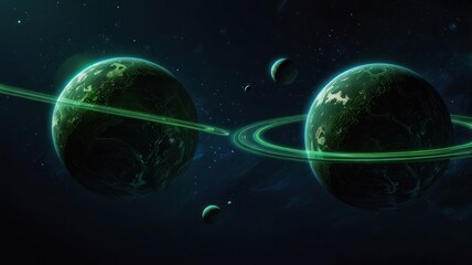 Here's a description and keywords for your image.. Twin planets with rings in deep space.