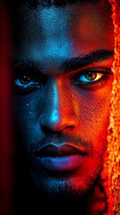  A close up of a man's face with blue eyes