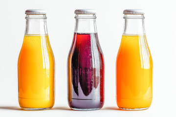 Glass bottles of squeezed juice isolated on white background