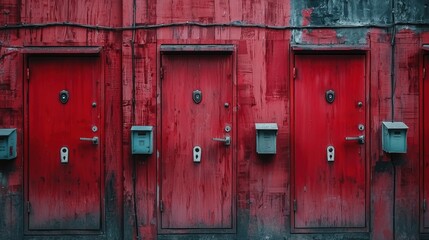 Vibrant Red Doors Grouping on a Distressed Wall, Showcasing Urban Texture and Rich Color, Evoking a Sense of Mystery and Intrigue in Architecture