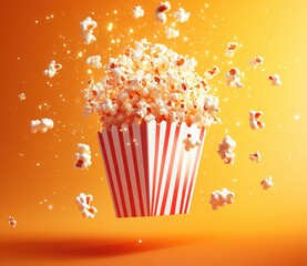 National Popcorn Day. Popcorn in a striped red and white box flying out of it on an orange background. Movie poster design. 