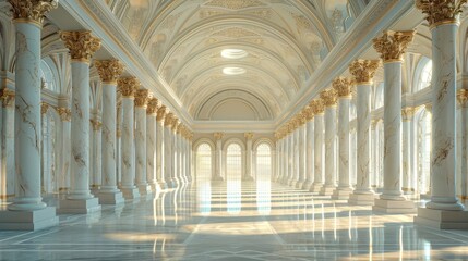 Majestic hall adorned with golden columns and sunlight streaming through grand windows. Generative AI