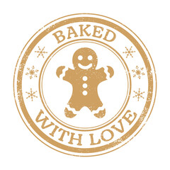 A grunge circle stamp with a gingerbread man and baked with love text
