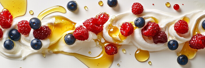 Creamy yogurt with raspberries, blackberries, and honey, creatively arranged on a white background banner.
