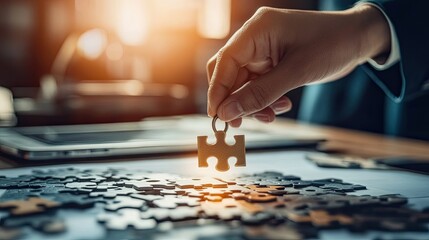 Naklejka premium Hand placing puzzle piece, problem solving concept.