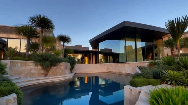 A lavish residential development featuring a stunning pool surrounded by elegant landscaping and high-end architecture.