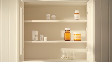 Empty medicine cabinet shelves reveal a life free from dependency, symbolizing health and self-reliance. Emptiness as a sign of wellness and proactive lifestyle choices.