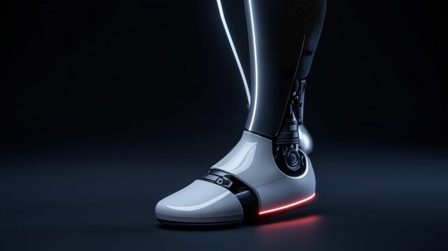 A robot leg with a red light on it