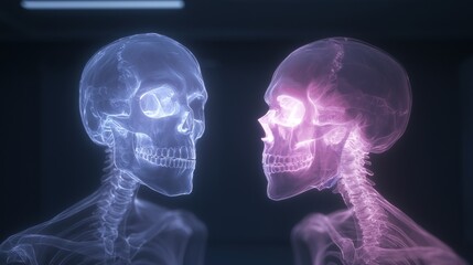 Fototapeta premium Two skulls are shown side by side, one of which is pink