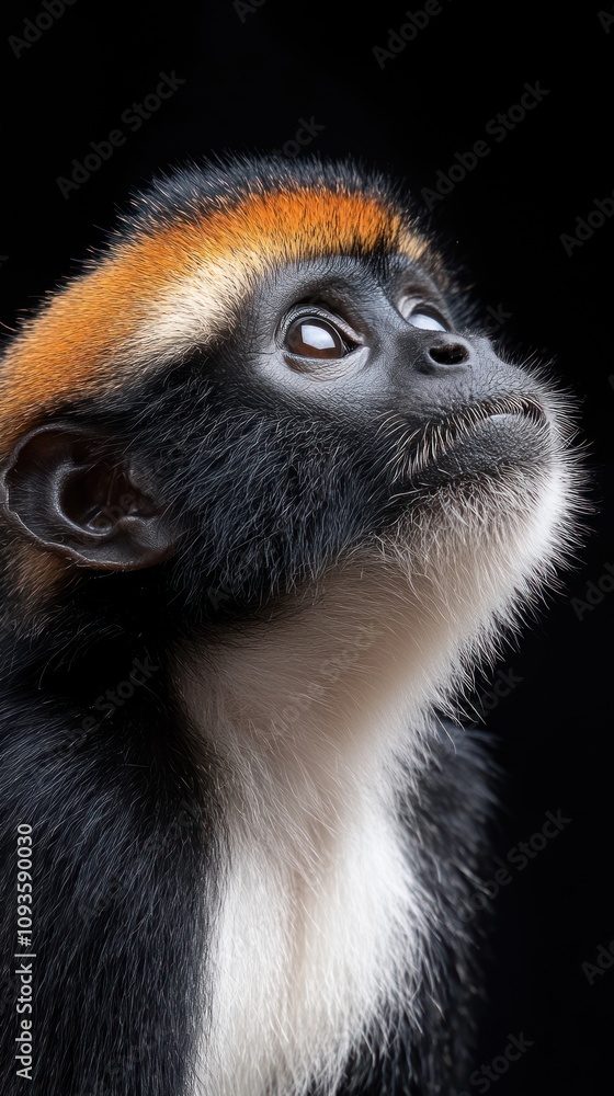 Poster a close-up portrait of a monkey with striking features against a dark background.
