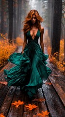 Fototapeta premium A woman in a green dress standing on a wooden bridge in the woods
