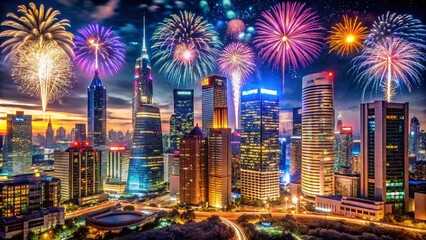 Stunning Architectural Photography Celebrating New Year's 2025 with Festive Lights and Fireworks Over Iconic City Skyline at Midnight, Emphasizing Joy and Celebration