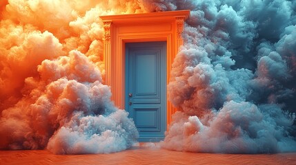 A surreal doorway surrounded by vibrant, colorful clouds, evoking a sense of mystery.