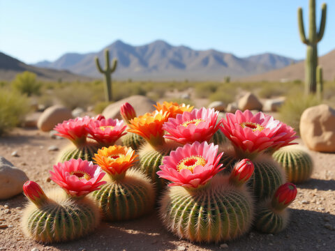 Blooming pink and orange cactus flowers in desert landscape