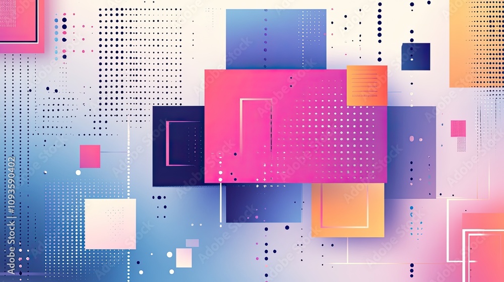 Poster abstract geometric background with overlapping colorful squares and halftone patterns.