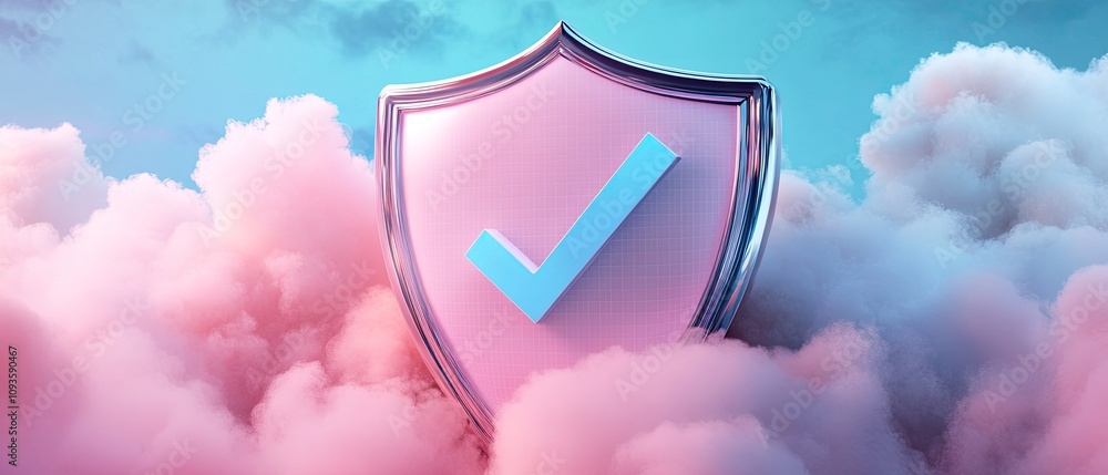 Poster pink shield with checkmark in clouds; security concept.