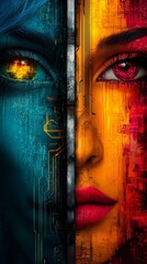  a close up of a woman's face with a circuit board in the background