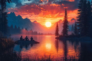 Fototapeta premium Group of Friends Camping in the Mountains