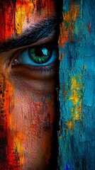  A close up of a person's eye peeking out from behind a wall