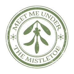 A grunge circle stamp with a mistletoe plant and meet me under the mistletoe text
