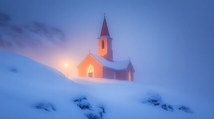 Illuminated church in winter snowscape at dusk. Traditional red wooden chapel glowing warmly against blue twilight snow. Ethereal Nordic landscape. Religious architecture in peaceful winter setting