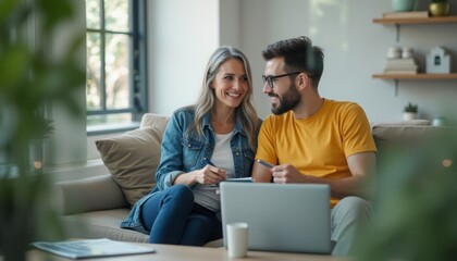 A cheerful couple sits closely on a cozy couch, their smiles radiating warmth and connection as they engage in a light-hearted conversation. Surrounded by a bright, inviting living space, their