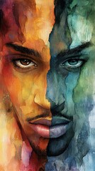  A painting of a man's face with different colors