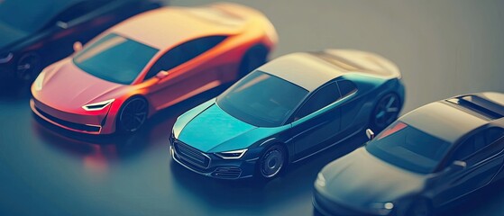 Close-up of four sleek, modern sports cars parked in a row, showcasing their designs and colors.