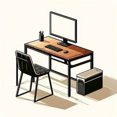 A computer desk with a chair and a computer monitor