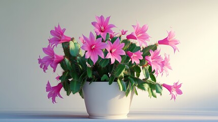 Naklejka premium Pink Cactus Blooms in White Pot
