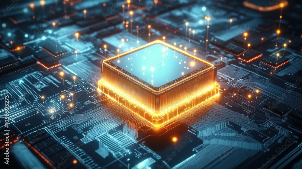 Aufkleber Futuristic tech illustration shows glowing cpu on circuit board. Quantum computing concept with ai circuits. Powerful data elaboration visualized. Neon glow highlights nanotechnology. Innovation in