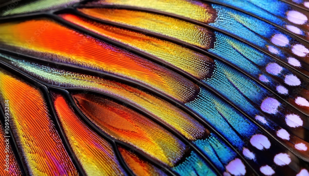 Poster close-up of a vibrant butterfly wing showcasing iridescent scales. exploring the science of structur