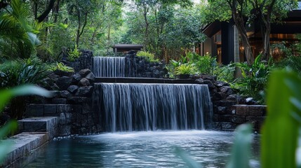 Serene Waterfall Oasis: Tranquil Resort Waterfall