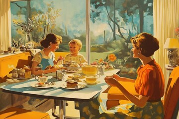Happy family enjoys breakfast in 1960s sunny kitchen. Retro style furniture, decor. Mom, child, daughter sit at table. Eat, drink. Art illustration poster style. Ideal for vintage 1960s posters,