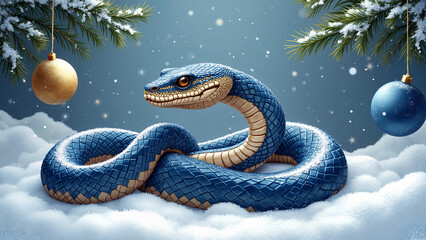 Fototapeta premium Snake a symbol of the year: Blue snake coiled on a snow-covered surface with festive golden ornaments hanging from pine branches, set against a snowy winter background, symbolizing the holiday season 