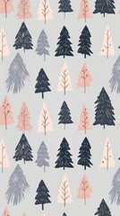 Obraz premium Christmas pattern with very small neat cute fir trees, about the same size, painted in pastel colors