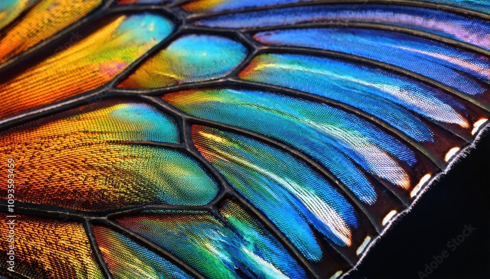 Poster close-up of a vibrant butterfly wing showcasing iridescent scales. exploring the science of structur