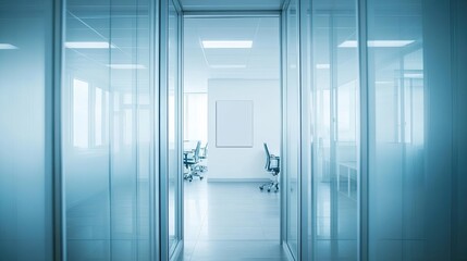 Modern office interior with glass walls and empty whiteboard.