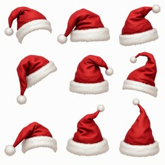 A collection of Santa Claus hats in various styles and angles, with bright red and white colors, isolated on a transparent background	