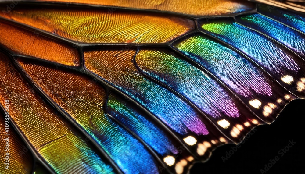 Poster close-up of a vibrant butterfly wing showcasing iridescent scales. exploring the science of structur